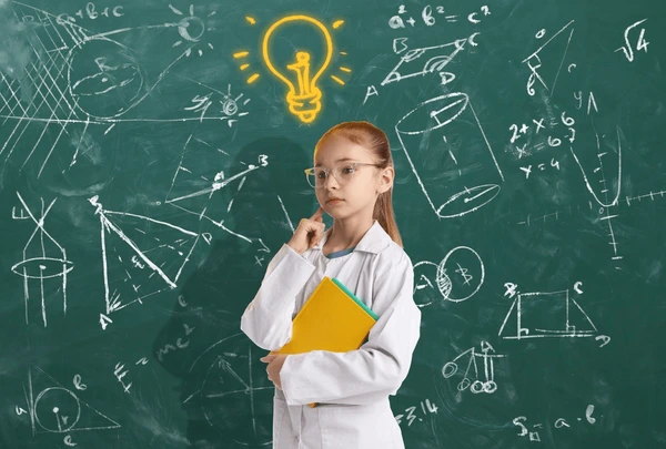 Child holding book learning Vedic Maths online happily