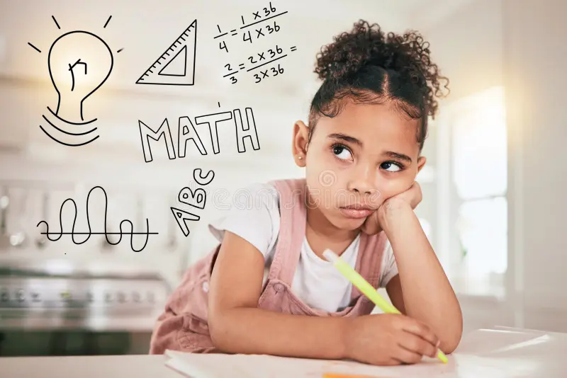 Child looking thoughtful while studying maths